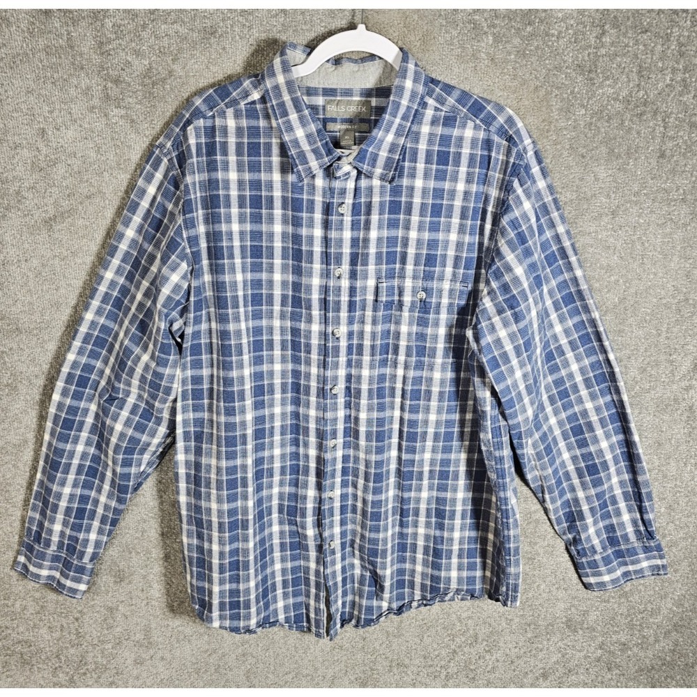 Falls Creek Modern Fit Button Up Shirt Mens Size XL Blue Plaid Cotton Pocket